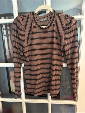 Wit & Wisdom Brown and Black Striped Puff-Sleeve Long Sleeve Top